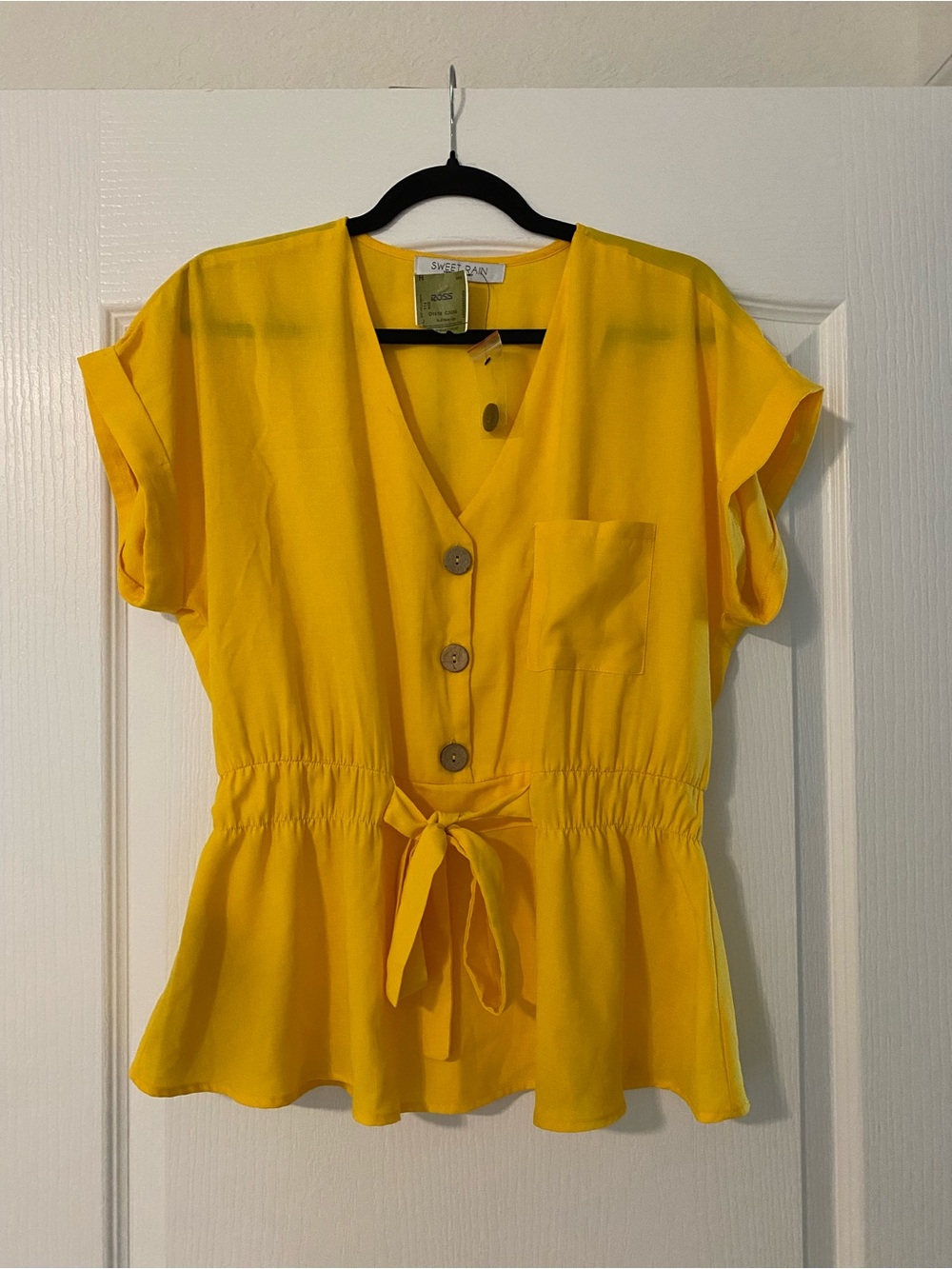 Sweet Rain Bright Yellow Button-Front Tie-Waist Blouse